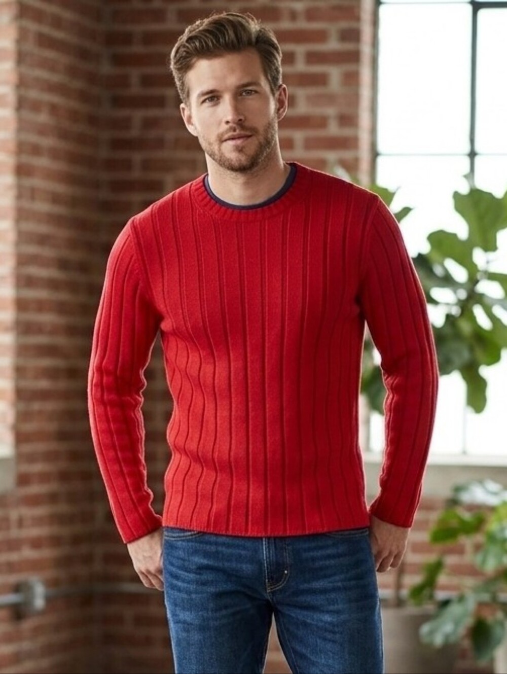 GAP Men's Bright Red Ribbed Crewneck Sweater